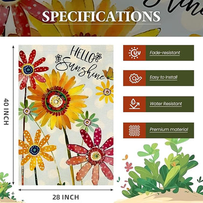 Summer Flowers House Flags for Outdoor, Hello Sunshine Sunflower Daisy Yard Flags for Outside,Seasonal Decorative Flag for Spring Farmhouse Holiday Decoration 28x40 Inch Double Sided
