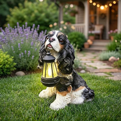 Cavalier King Charles Spaniel Dog Garden Statue with Solar Lantern, Interchangeable Welcome & On Patrol Signs, Resin Puppy Outdoor Decor Sculpture Lawn Ornament for Patio Yard Porch Gifts