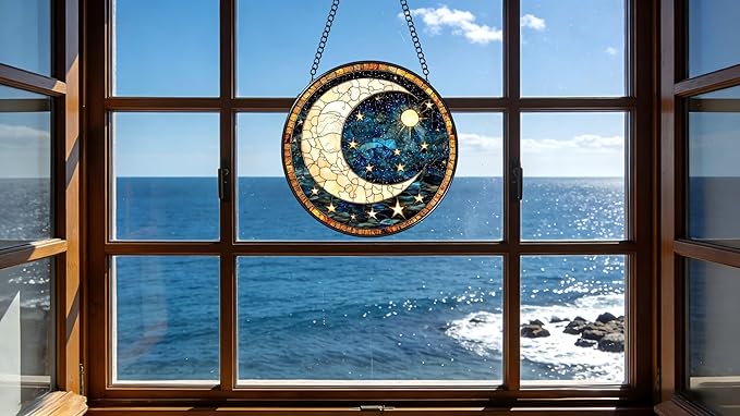 Funoasis Stained Glass Window Hanging 6.3 Inches Suncatcher - Deep Blue Sky A Crescent Moon and Many Stars Ornaments Sun Catcher Home Decor Women Birthday