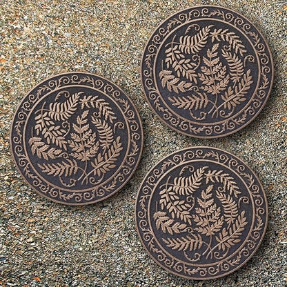 Home Furnishings By Larry Traverso HF by LT Deluxe Rubber Stepping Stone, Fern Medallion Design, Heavy Duty 13"" All-Weather Garden Tile, Black with Antique Bronze Finish, Set of 3, TR0787