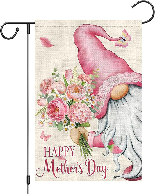 Heyfibro Happy Mother's Day Garden Flag 12x18 Double Sided Burlap, Gnome Garden Flag with Pink Floral Bouquet Yard Banner for Spring Outside Outdoor House Mothers Day Decoration (ONLY FLAG)