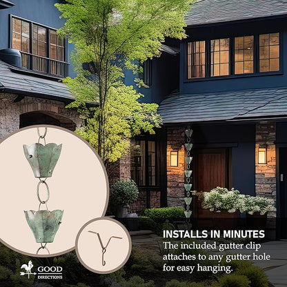 Good Directions 463V1-8 Tulip Rain Chain 8-1/2 Feet Long, 13 Extra Large Cups, 100% Blue Verde Pure Copper