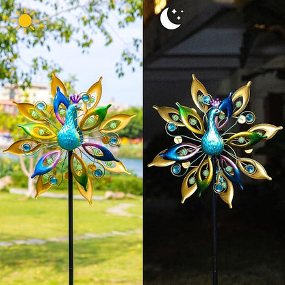 DREAMYSOUL Outdoor Peacock Wind Spinners with Gem Decor, 13" D*65" H Double Sided Kinetic Wind Sculptures & Spinners, Metal Peacock Decor for Garden Yard Lawn