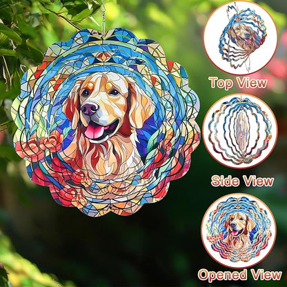 Wind Spinner Mandala 12 inch 3D Stainless Steel Laser Cut Metal Art Geometric Pattern Hanging Wind Spinner (Dog)