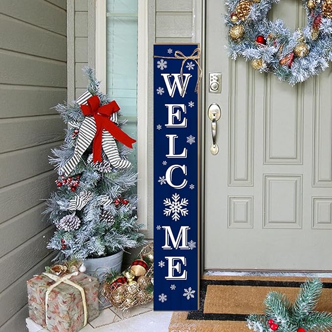 Christmas Porch Sign Xmas Snowflake Welcome Sign Vertical Standing Sign For Front Porch Decor Farmhouse Wall Hanging for Patio Yard Party Indoor Outdoor Winter Holiday Decoration 47.2"H Blue