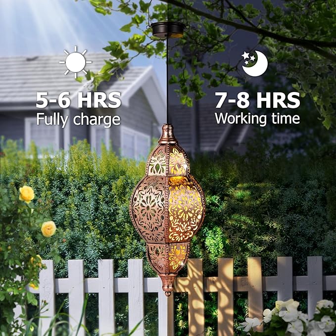 Hanging Solar Lantern Outdoor Decor, Moroccan Solar Lights for Outside Garden Decorations, Waterproof Solar Lanterns Garden Gifts for Mom, Women, Patio, Yard Ornament (Coppers)