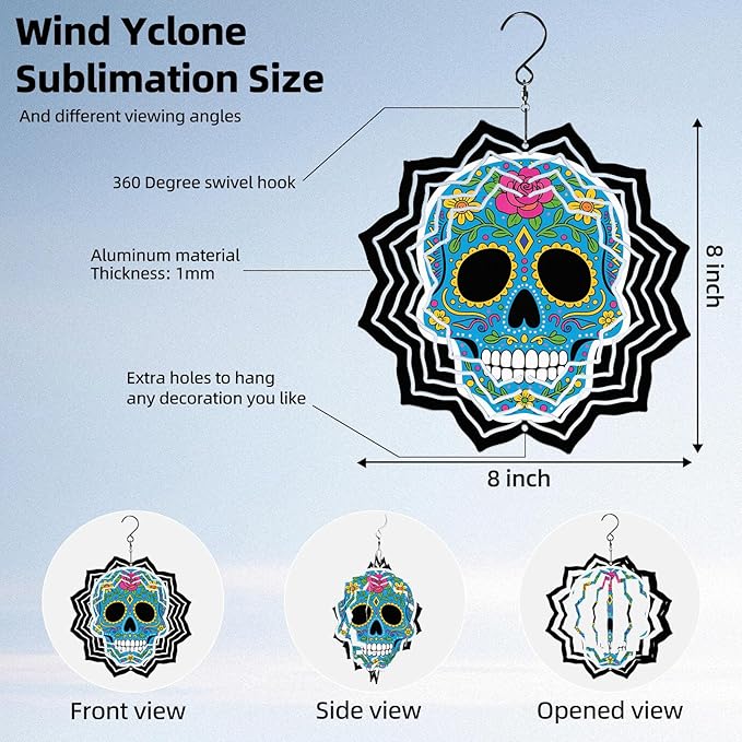 8 Inch Sublimation Wind Spinner, 3D Aluminum Metal Wind Spinner with Hook, Indoor Yard Garden Hanging Decoration, Weather Resistant Rotating Spiral Ornament, Colorful Sugar Skull