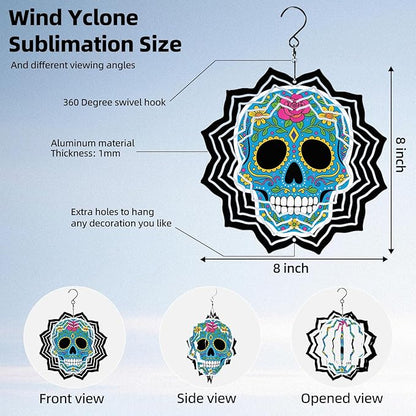 8 Inch Sublimation Wind Spinner, 3D Aluminum Metal Wind Spinner with Hook, Indoor Yard Garden Hanging Decoration, Weather Resistant Rotating Spiral Ornament, Colorful Sugar Skull