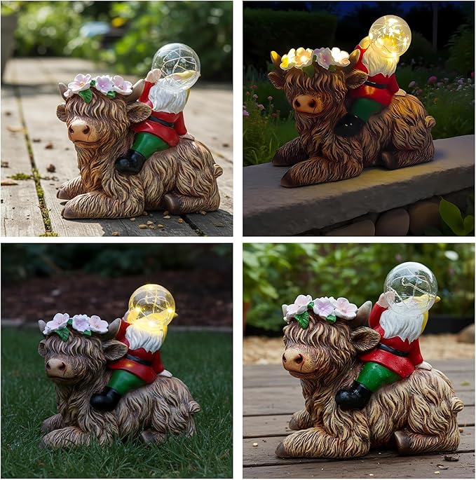 Spring Garden Blowing Bubbles Gnome Highland Cow Solar Statues, Funny Summer Gnome Outdoor Resin Sculptures Decor for Home Table Patio Lawn Porch Balcony, Housewarming