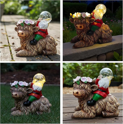 Spring Garden Blowing Bubbles Gnome Highland Cow Solar Statues, Funny Summer Gnome Outdoor Resin Sculptures Decor for Home Table Patio Lawn Porch Balcony, Housewarming