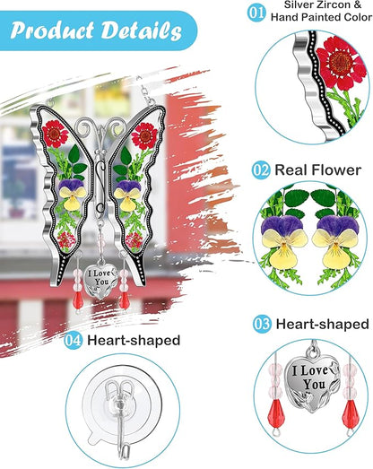 KY&BOSAM Butterfly Suncatcher I Love You Stained Glass Window Hanging Wind Chime Ornament with Pressed Dried Flowers Wings and Metal Heart Charm for Mom Mothers Day Valentines Birthday Christmas