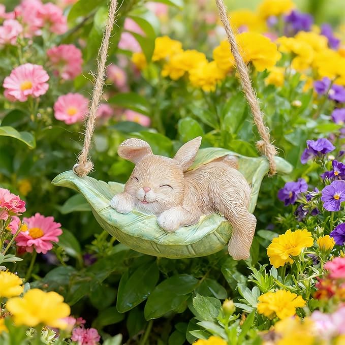 Rabbit Garden Décor Hanging Statue - Bunny Décor Hanging on Tree Branch Rabbit Swing Statue Bunny Easter Tree Décor Outdoor Ornaments Resin Sculpture Yard 4.96 * 2.3 * 2.3 Inch