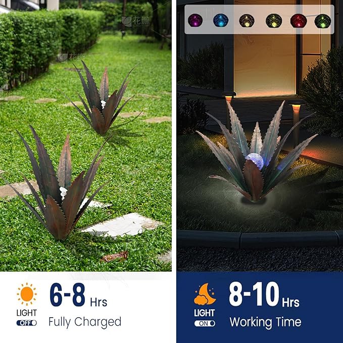 2 PCS Metal Agave Sculpture Decoration, Vintage Country Hand-Painted Sculpture DIY Metal Agave Plant, Home Garden Courtyard Lawn Outdoor Decoration (Serrated Antique Bronze Color)