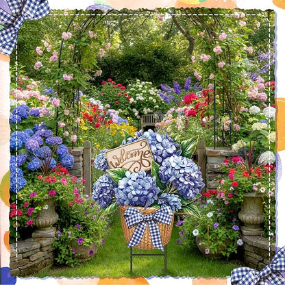 Amyhill Spring Outdoor Decor Hydrangea Metal Garden Stakes 25 Inch Decorative Hydrangea Yard Signs with Stakes Waterproof Floral Lawn Sign Welcome Outdoor Decorations for Patio Porch Lawn Backyard