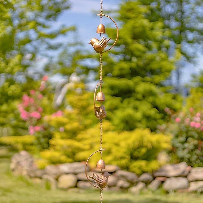 Zaer Ltd. Ornate Hanging Rain Chains (Copper Finish, Birds and Bells)