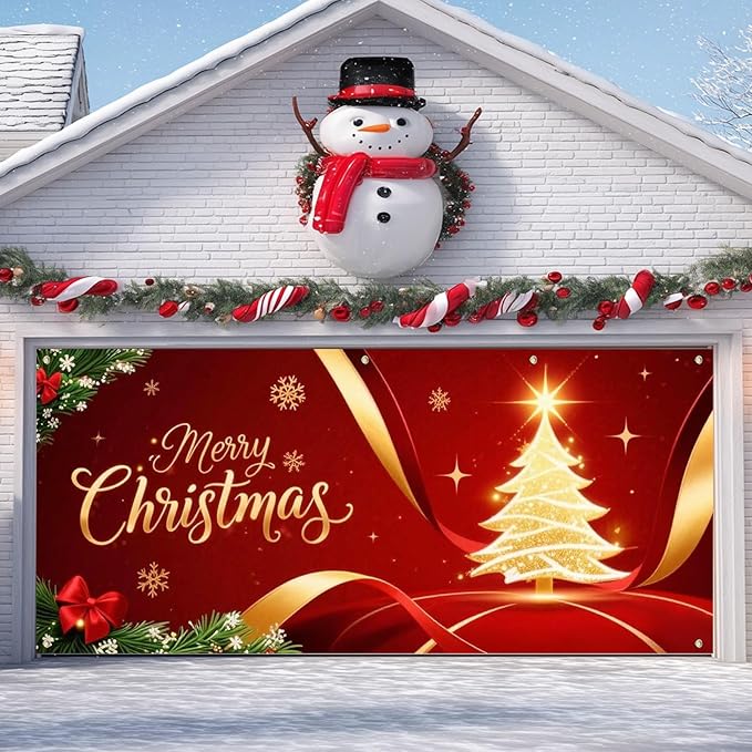 IVN Merry Christmas Garage Door Cover Decoration 13x6ft Golden Ribbon Tree on Red Holiday Christmas Banner Home Garage Door Front Yard Decor for Xmas Eve Winter Scene Holiday Outdoor Background