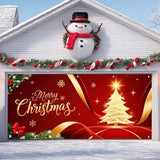 IVN Merry Christmas Garage Door Cover Decoration 13x6ft Golden Ribbon Tree on Red Holiday Christmas Banner Home Garage Door Front Yard Decor for Xmas Eve Winter Scene Holiday Outdoor Background