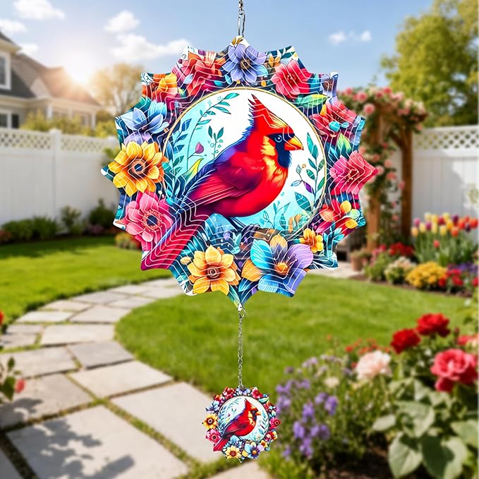 Wind Spinners Outdoor Cardinal bird, 12 inch Stainless Steel Hanging Kinetic for Yard, Garden, Outside, Patio, Outdoor - Wind Spinners Craft Decor Birthday Gifts for Women, Men, Mom and Lovers