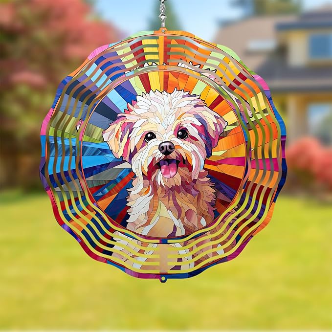 Maltese Dog Wind Spinner Pet Dog Memorial Gifts, Vibrant 3D Kinetic Aluminum Metal Yard Art, Loss of Dogs Sympathy Gifts, Hanging Outdoor Garden Decor, 8" Wind Sculptures for Patio, Porch (Maltese1)