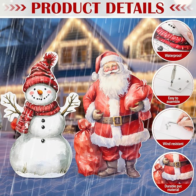 Pinkunn 2 Pcs Large Vintage Christmas Outdoor Decorations PVC Yard Snowman Santa Stake 28" Decorative Yard Stakes Windproof Waterproof for Xmas Farmhouse Lawn Garden Home Outside Decorations
