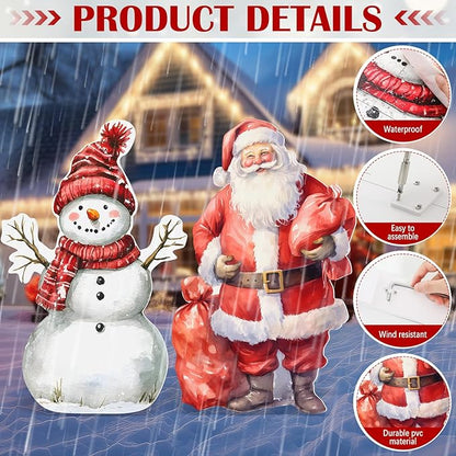 Pinkunn 2 Pcs Large Vintage Christmas Outdoor Decorations PVC Yard Snowman Santa Stake 28" Decorative Yard Stakes Windproof Waterproof for Xmas Farmhouse Lawn Garden Home Outside Decorations