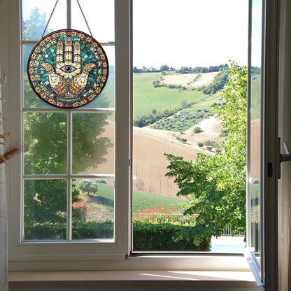 Hamsa Hand Stained Glass Window Hanging Hand of Fatima Sun Catcher Decor Protection Charm Suncatchers for Home Windows Hanging Decoration, 7.87inch