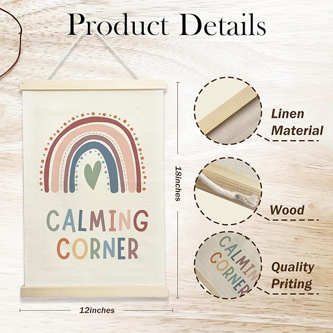 NQDWX Calming Corner Hanging Flag - Rainbow Wall Decor for Kids Classroom Reading Corner, 12x17 Inches Canvas Banner with Wood Frame. (077)