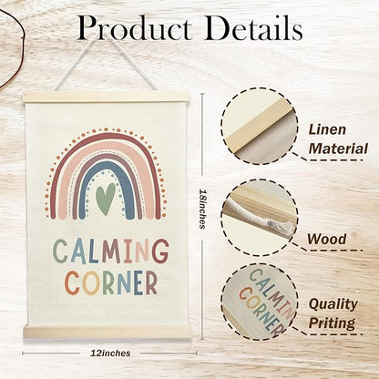 NQDWX Calming Corner Hanging Flag - Rainbow Wall Decor for Kids Classroom Reading Corner, 12x17 Inches Canvas Banner with Wood Frame. (077)