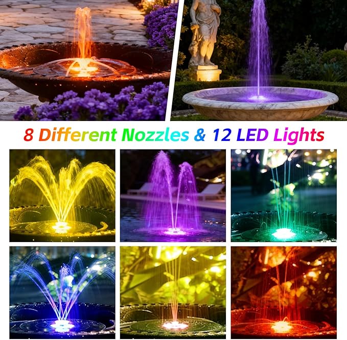 Jhua Solar Fountain for Bird Bath Pump with Led Lights Solar Powered Water Pump Kit with 8 Nozzles 200L/H Floating Water Fountain for Outdoor Garden Ponds Pool Fish Tank Aquarium