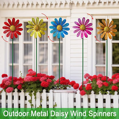 Wind Spinners Garden Decor,5 Pack Colorful Daisy Garden Stakes for Outdoor Decorations,Metal Wind Spinner Yard Stake for Patio,Lawn