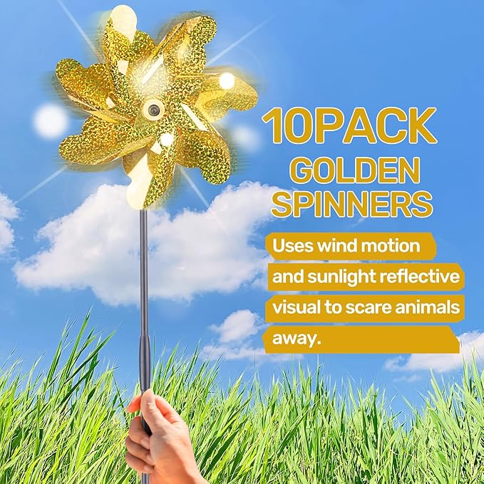 BATTIFE Reflective Pinwheels for Yard and Garden, Pre-Installed Sparkly Blind Birds Pin Wheel, Scare Birds & Animal Away Wind Spinner, 10 Pack (Gold)
