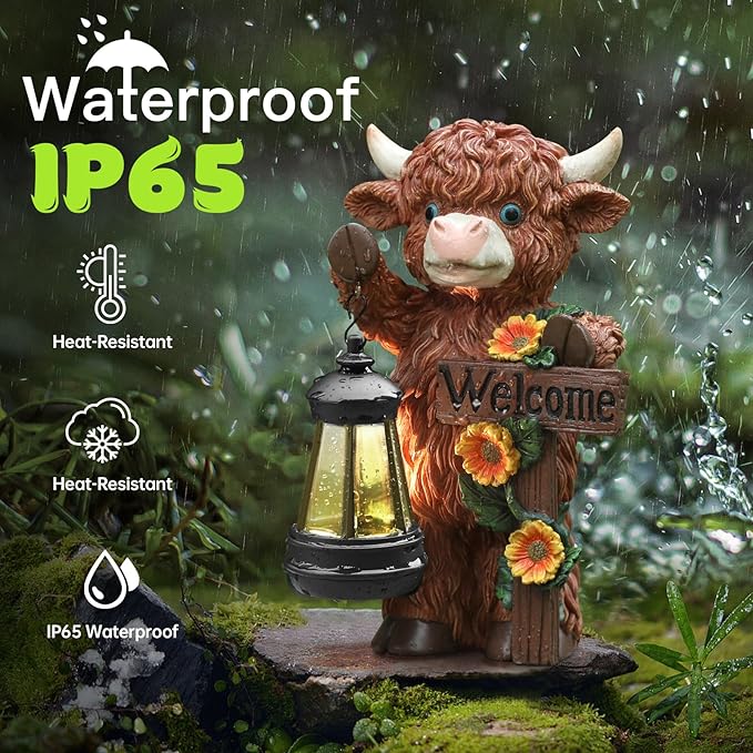 Solar Highland Cow Garden Decoration - Outdoor Waterproof Resin Statues with LED Lantern Lights, Solar Patio Figurines for Yard & Lawn (1-Pack, Auto On/Off), Decor for Inside&Outdoor