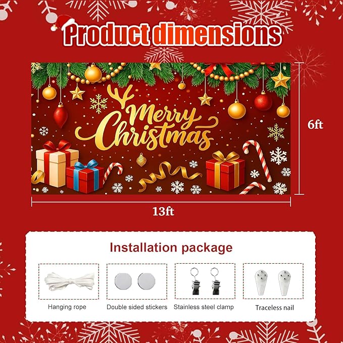 HOMETITUTE Christmas Garage Door Cover 13x6ft Merry Christmas Gold Letters Red Bow Green Pine Seasonal Banner Outdoor Indoor Holiday Decoration Winter Party Backdrop Gift Boxes Candy Cane Wall