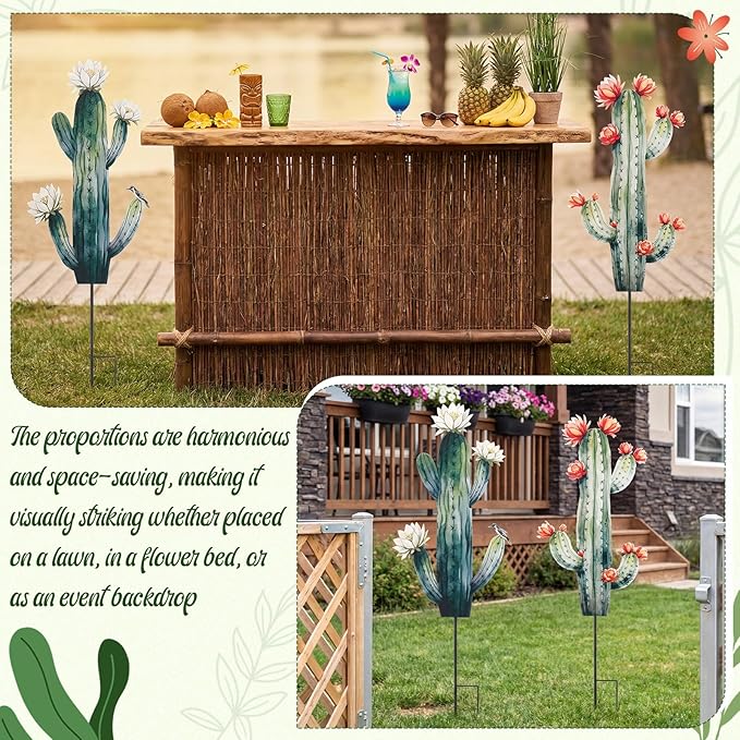 2 Cactus Yard Stakes Signs Waterproof Metal Garden Statues for Indoor/Outdoor Yard Garden Events