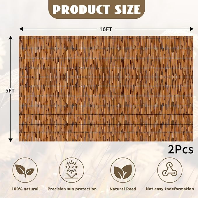 KOIUEYW Bamboo Reed Fencing, Light Russet Decorative Bamboo Privacy Fence 5ft High, Reed Curtains for Patio Garden Balcony Outdoor Privacy Screen, 5 x 16 FT (2 Pcs)