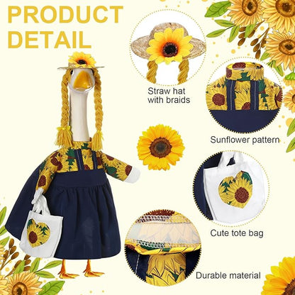 FuWeave Spring Sunflower Goose Outfit for 23'' Cement Statue Porch Goose Clothes Flower Dress and Straw Hat for Large Statue Summer Outdoor Garden Patio Yard Lawn Art Decoration