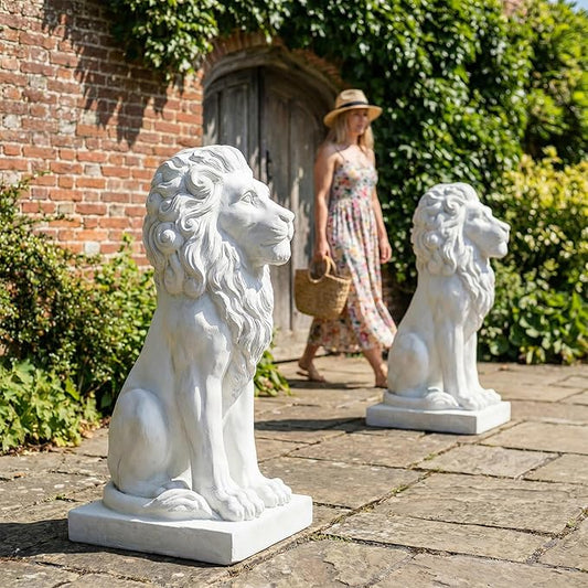 Sculptures Garden Statues, Outdoor Lion Statue 27in Tall, Magnesium Oxide Stone Composite Animal Sculpture Statue Decor for Home Decor Yard Patio Garden, White