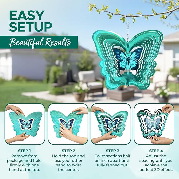 ISEO Butterfly Wind Spinner for Yard and Garden, Hanging Outdoor Decor, Yard Art, Porch and Patio Decorations, Metal Wind Spinners Outdoor, Weather Resistant, 12”