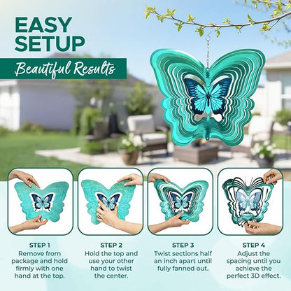 ISEO Butterfly Wind Spinner for Yard and Garden, Hanging Outdoor Decor, Yard Art, Porch and Patio Decorations, Metal Wind Spinners Outdoor, Weather Resistant, 12”