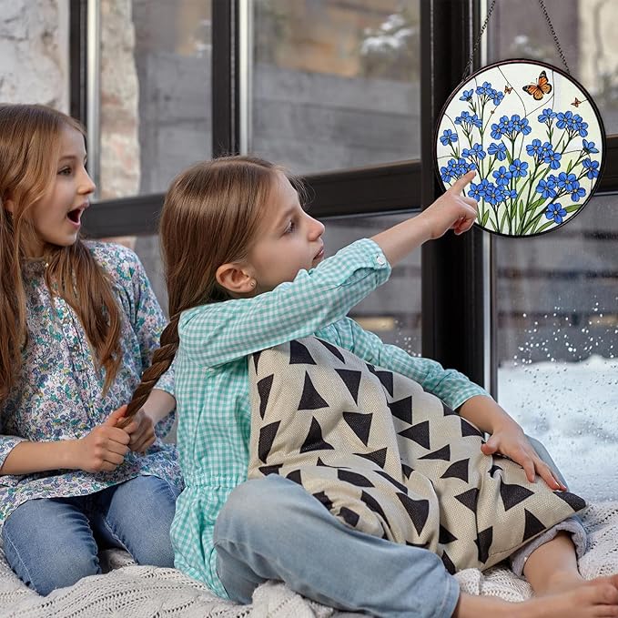 Forget-Me-Not Hand Stained Glass Window Hanging Floral Sun Catcher Decor Flower Lover Gifts for Women Christmas Suncatchers for Home Windows Hanging Decoration, 7.87inch