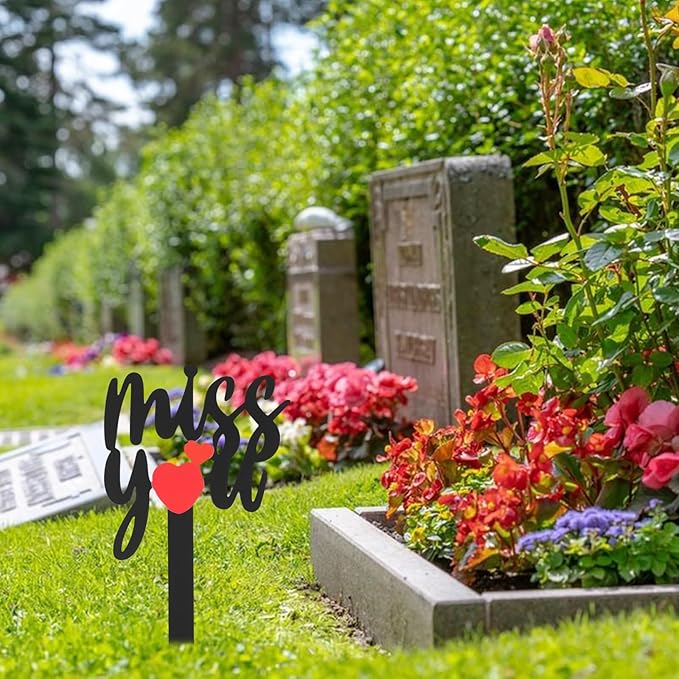 Memorial Grave Stake, Miss You Red Heart Grave Marker, 13.8x7.9in Grave Decorations for Cemetery, Metal Cemetery Decorations for Grave Yard Garden, Remembrance Grave Plaque for Mom Dad Friends