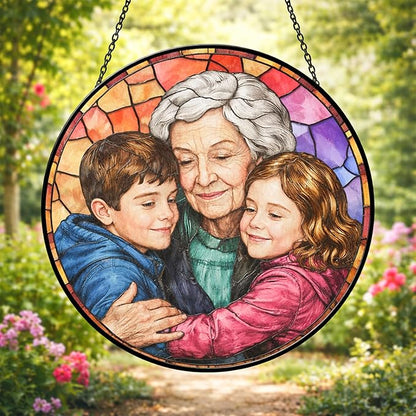 Personalized Grandma Stained Glass Sun Catcher, Custom Photo Window Hanging, Personalized Stained Glass, Gift for Grandma, Grandparents, Christmas, Birthday, Keepsake, Christmas Ornament, P2