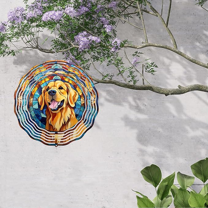 Golden Retriever Wind Spinner Pet Dog Memorial Gifts, Vibrant 3D Kinetic Aluminum Metal Hanging Outdoor Garden Decor, Loss of Dogs Sympathy Gifts, 8" Wind Sculptures for Patio, Porch Yard Art (GR7)