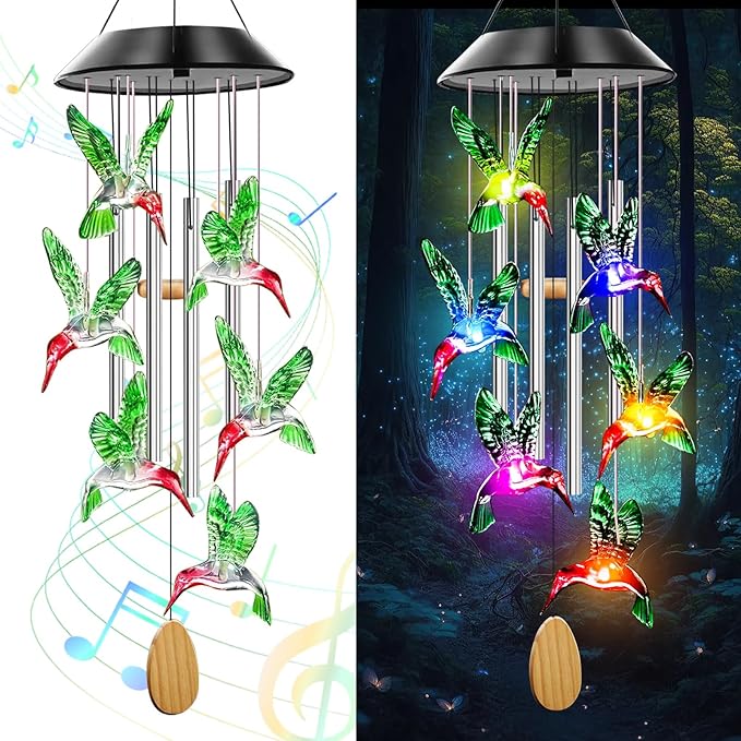 Solar Powered Hummingbird Wind Chimes with 4 Music Aluminum Tubes, Hummingbird Wind Chimes for Outside,Best Gifts for Mom Grandma Women Wife Aunt Sister, Unique Mobile Wind Chime, Garden Yard Decor