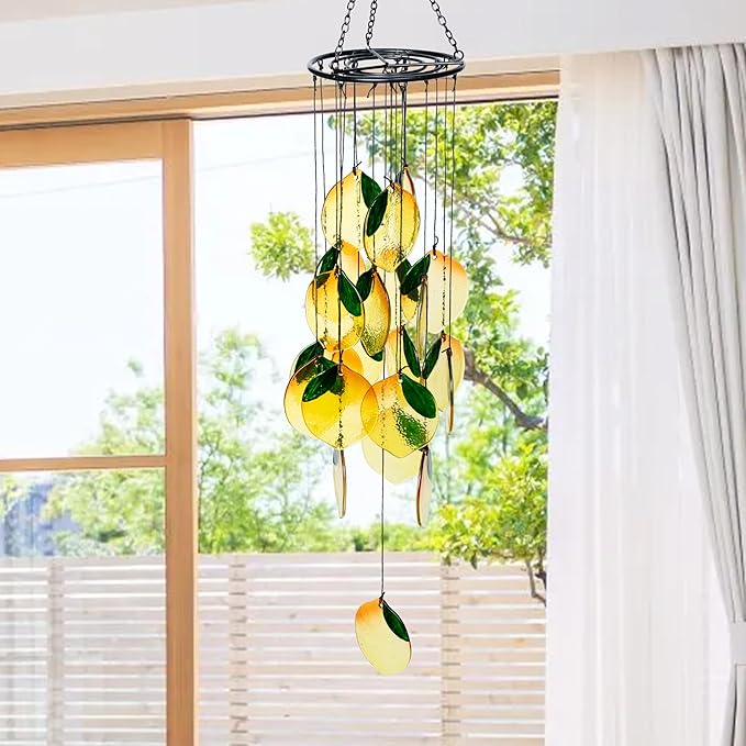 Lemon Stained Glass Wind Chime - Yellow Lemon Wind Chime Window Hanging Ornament Boho Suncatcher Art Pendant for Home Garden Backyard Outdoor Spring Decor Girl Women Birthday Housewarming Gift