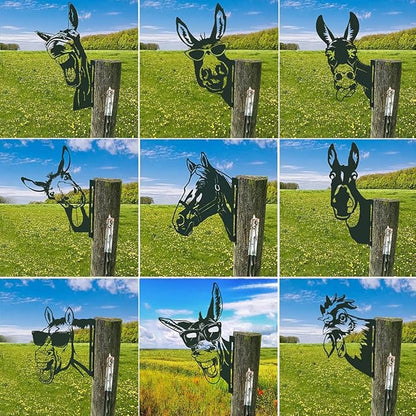 Farm Peeping Animal Metal Art Outdoor Decor Garden Fence Decoration, Farmhouse Backyard Hang Artwork Wall Decor, Outdoor Yard Art Patio Lawn Statue Gift for Loved Dad Grandpa (Glasses Horse)