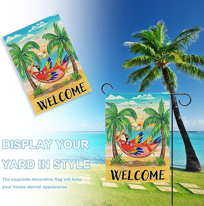 Welcome Summer Parrot Bird Decorative Garden Flag, Beach Coastal Tropical Palm Tree Yard Outside Decorations, Hawaii Sunset Nautical Seasonal Outdoor Small Home Decor Double Sided 12 x 18