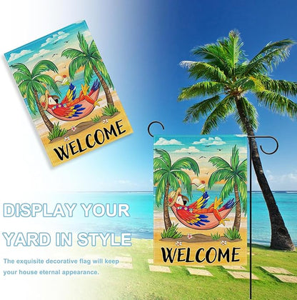 Welcome Summer Parrot Bird Decorative Garden Flag, Beach Coastal Tropical Palm Tree Yard Outside Decorations, Hawaii Sunset Nautical Seasonal Outdoor Small Home Decor Double Sided 12 x 18