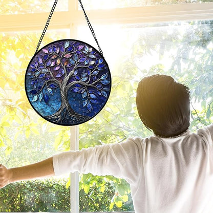 DASTOLL Stained Glass Window Hanging, Blue Purple Tree of Life Sun Catchers Colorful Glass Panel Plants Suncatcher Decor for Birthday for Women,Men,Wife, Lovers, and Mom 9.8 in