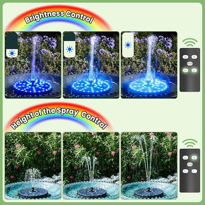 Yzert Remote Solar Fountain Adjust Spray Height with Fantastic Colorful Lights, 2026 6W Solar Bird Bath with 4000 mAh Battery, Solar Water Fountain Pump for Outdoor, Garden Decor, Pond, Pool (54LEDs)
